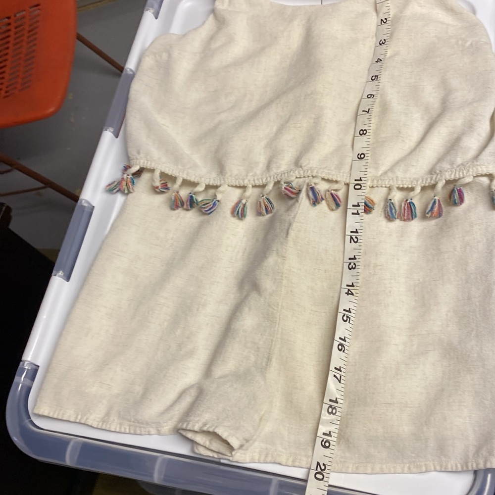 PAPER CRANE Anthropologie Rainbow Fringe Tassel Linen Cream Romper Womens Small - Picture 7 of 8